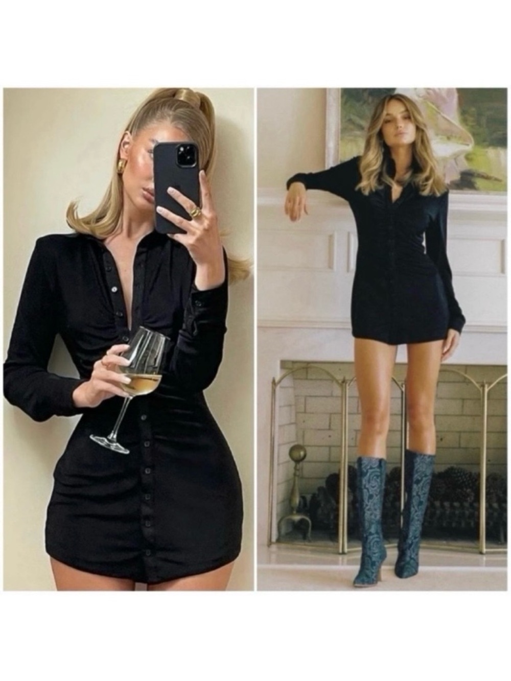 WITH JEAN Andy Dress Black Mini Button Front Long Sleeves Medium NWT
